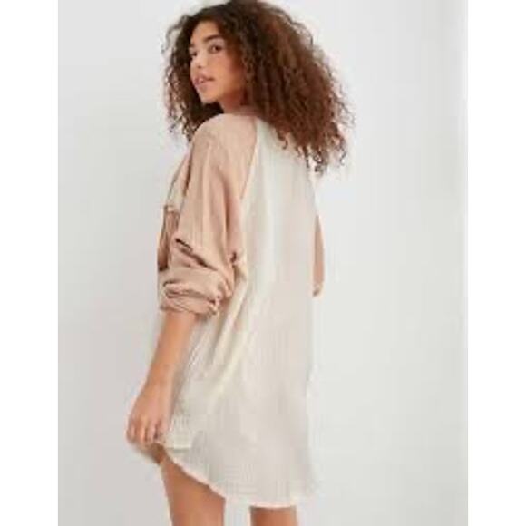 Aerie Pool-To-Party Oversized Cover-Up Shirt in Cappucino Color Black Womens XS - Picture 3 of 11